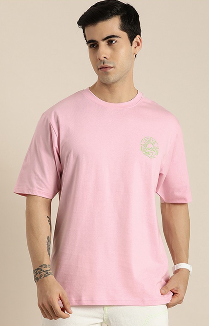 Men's Pink Cotton Graphic Printed Oversized T-Shirt