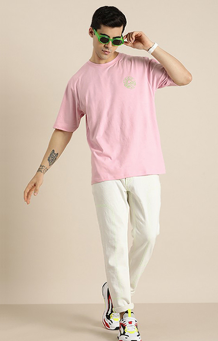 Men's Pink Cotton Graphic Printed Oversized T-Shirt