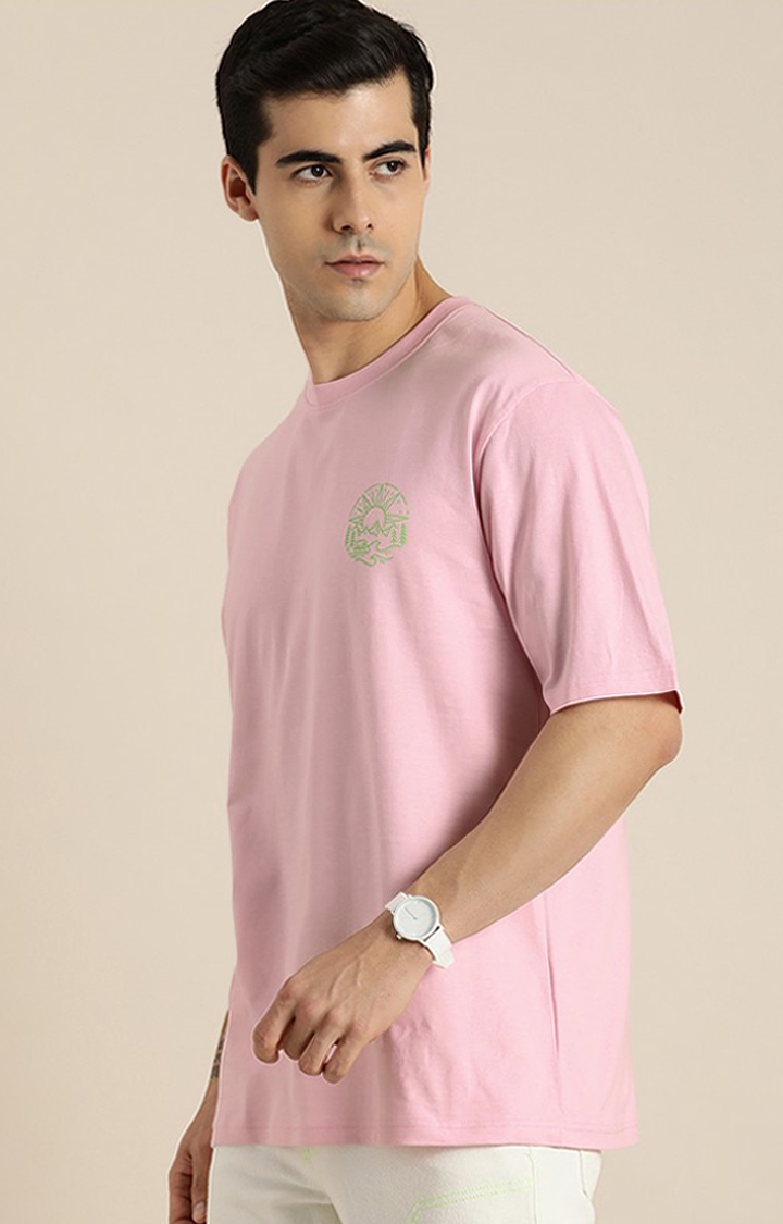Men's Pink Cotton Graphic Printed Oversized T-Shirt