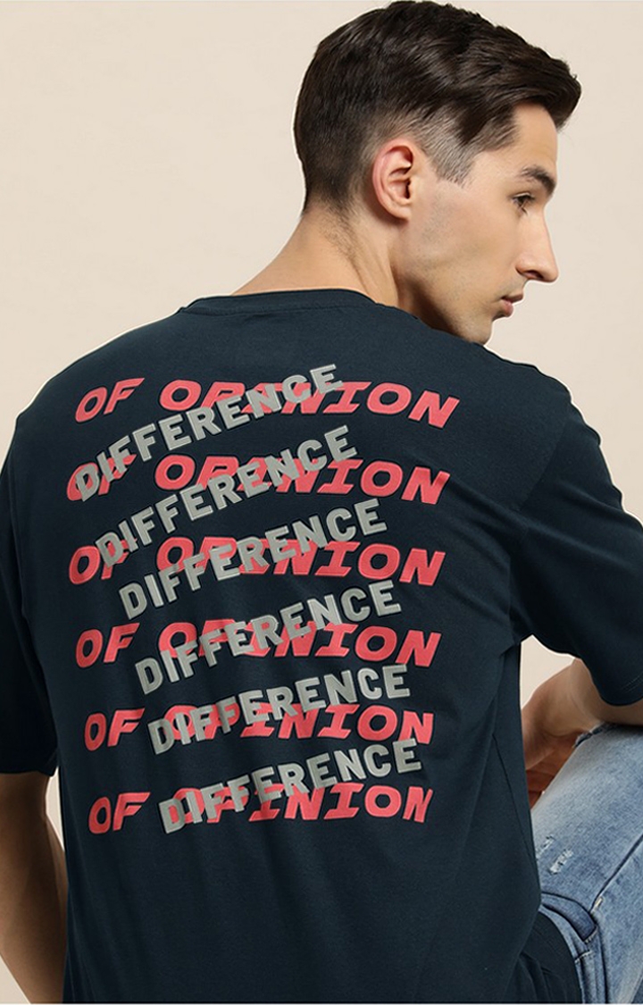 Men's Navy Cotton Typographic Printed Oversized T-Shirt