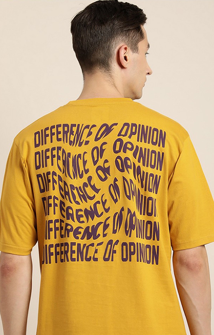 Men's Mustard Cotton Typographic Printed Oversized T-Shirt