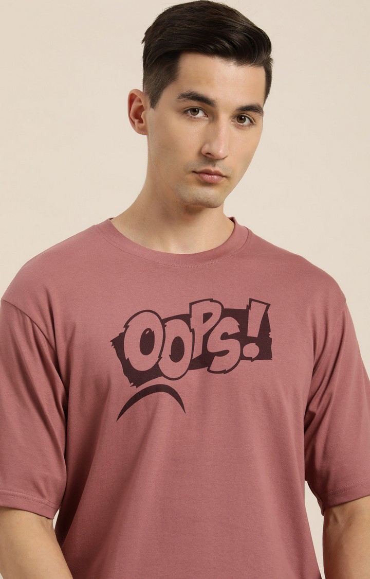 Men's Pink Cotton Typographic Printed Oversized T-Shirt