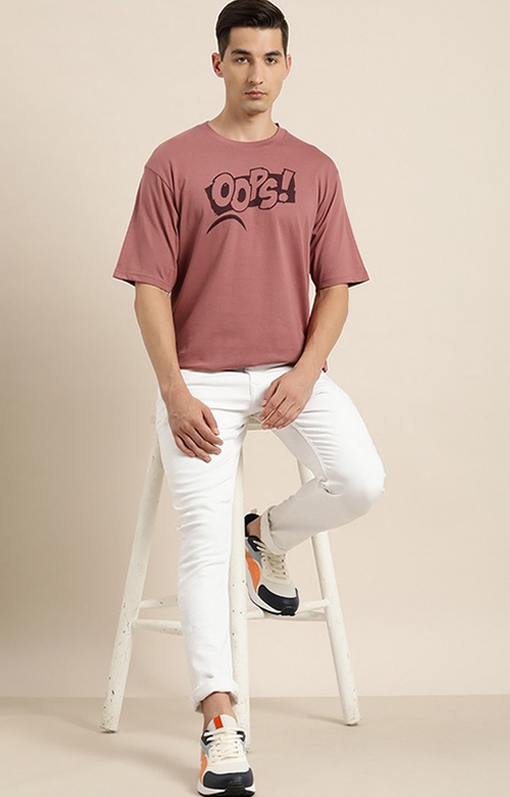 Men's Pink Cotton Typographic Printed Oversized T-Shirt