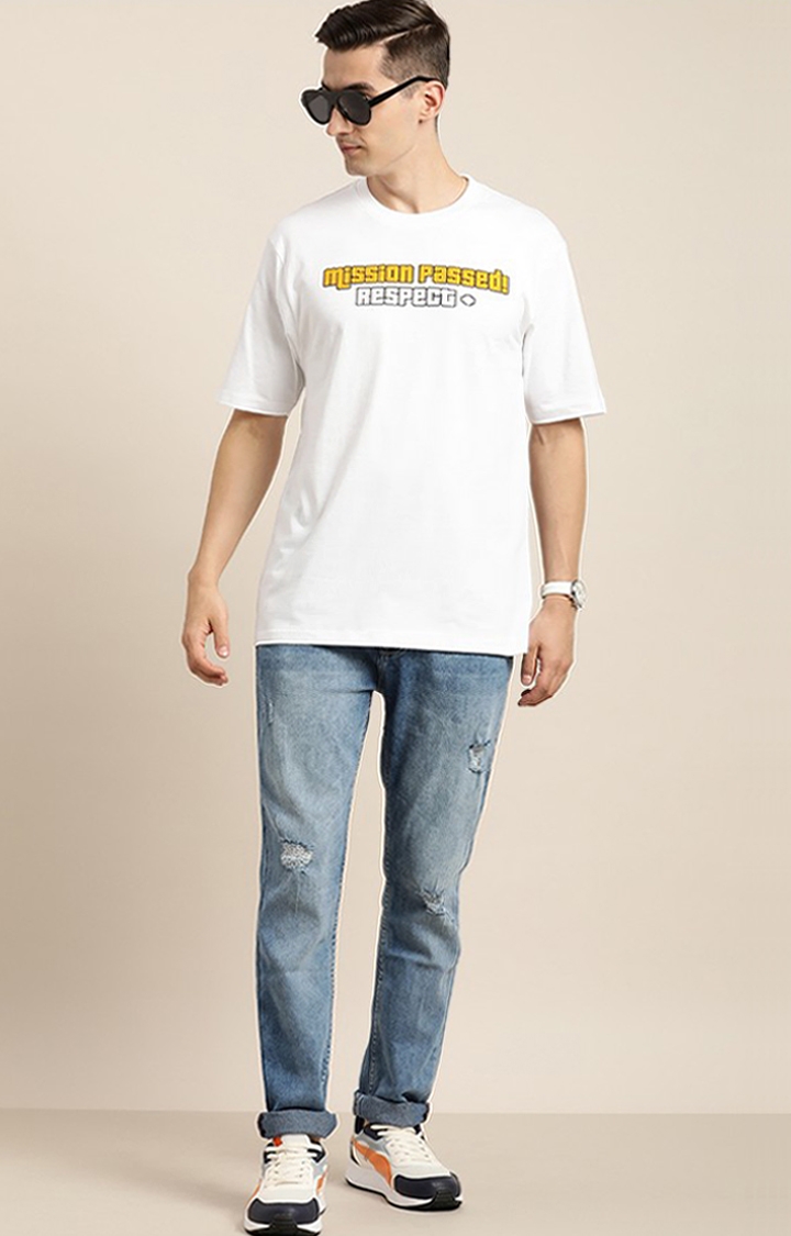Men's White Cotton Typographic Printed Oversized T-Shirt