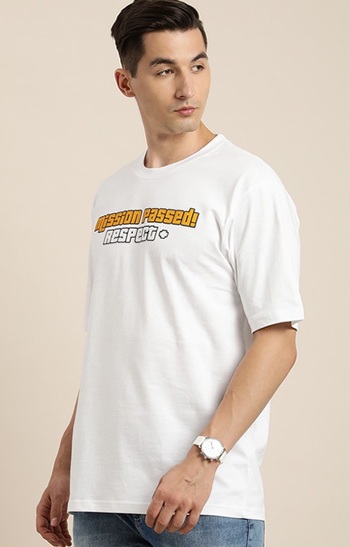 Men's White Cotton Typographic Printed Oversized T-Shirt