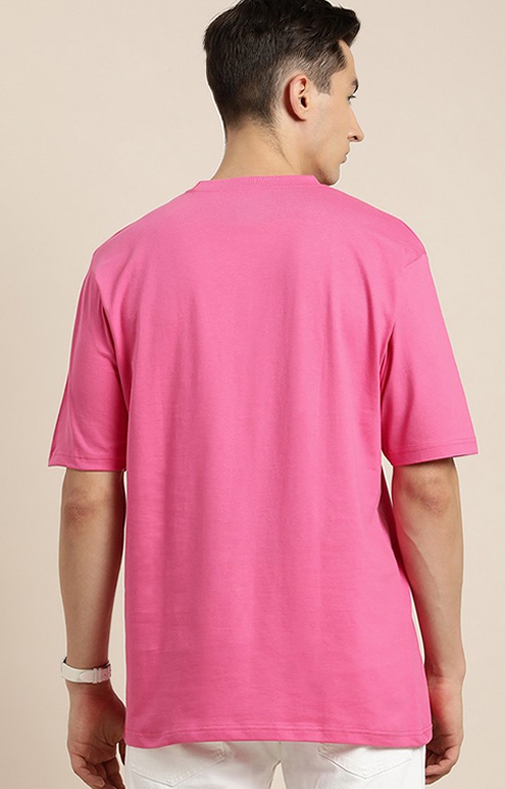 Men's Pink Cotton Typographic Printed Oversized T-Shirt