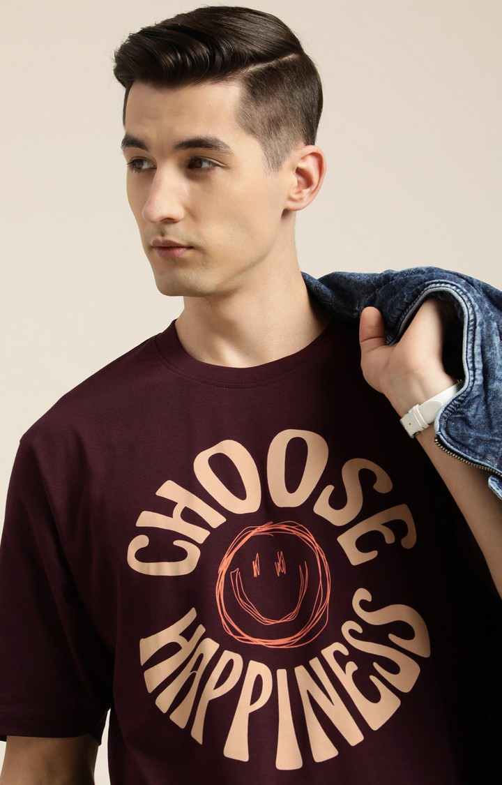 Men's Wine Cotton Typographic Printed Oversized T-Shirt