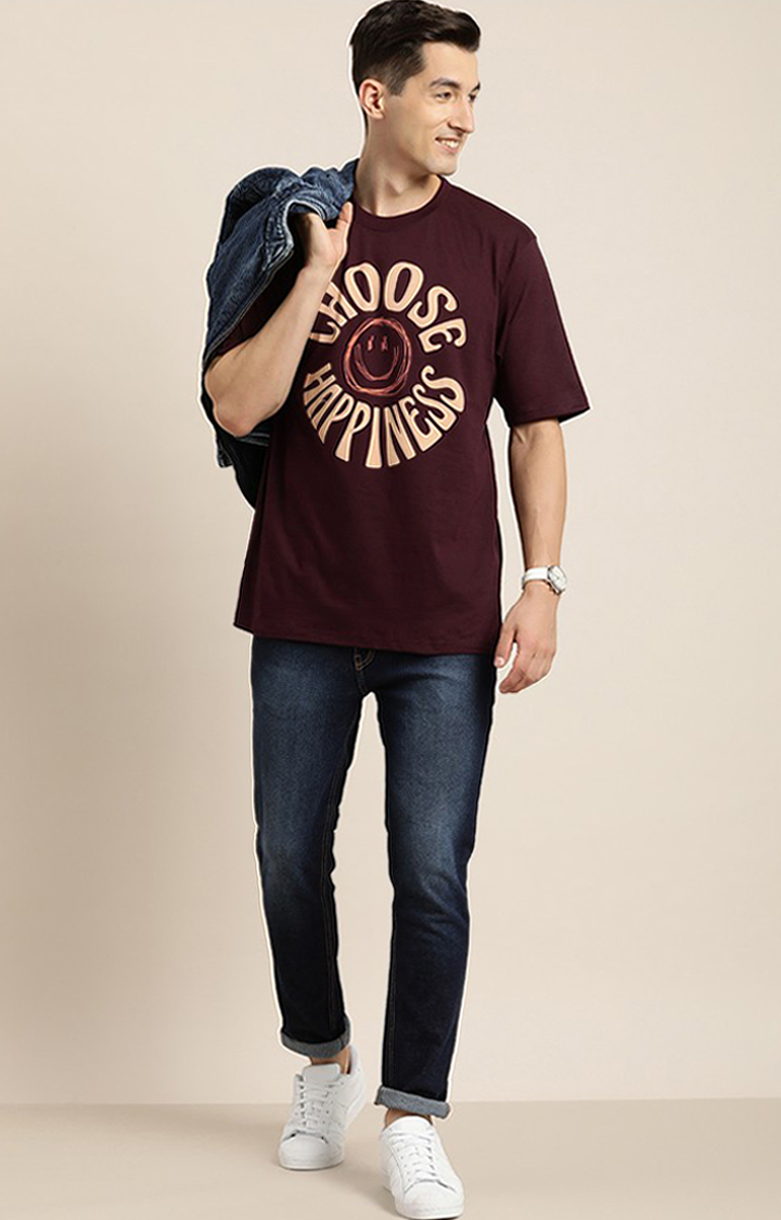 Men's Wine Cotton Typographic Printed Oversized T-Shirt