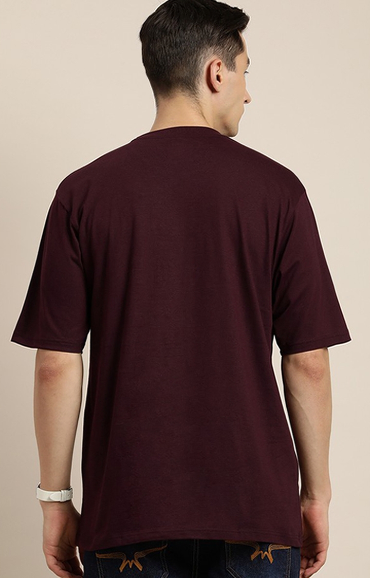 Men's Wine Cotton Typographic Printed Oversized T-Shirt