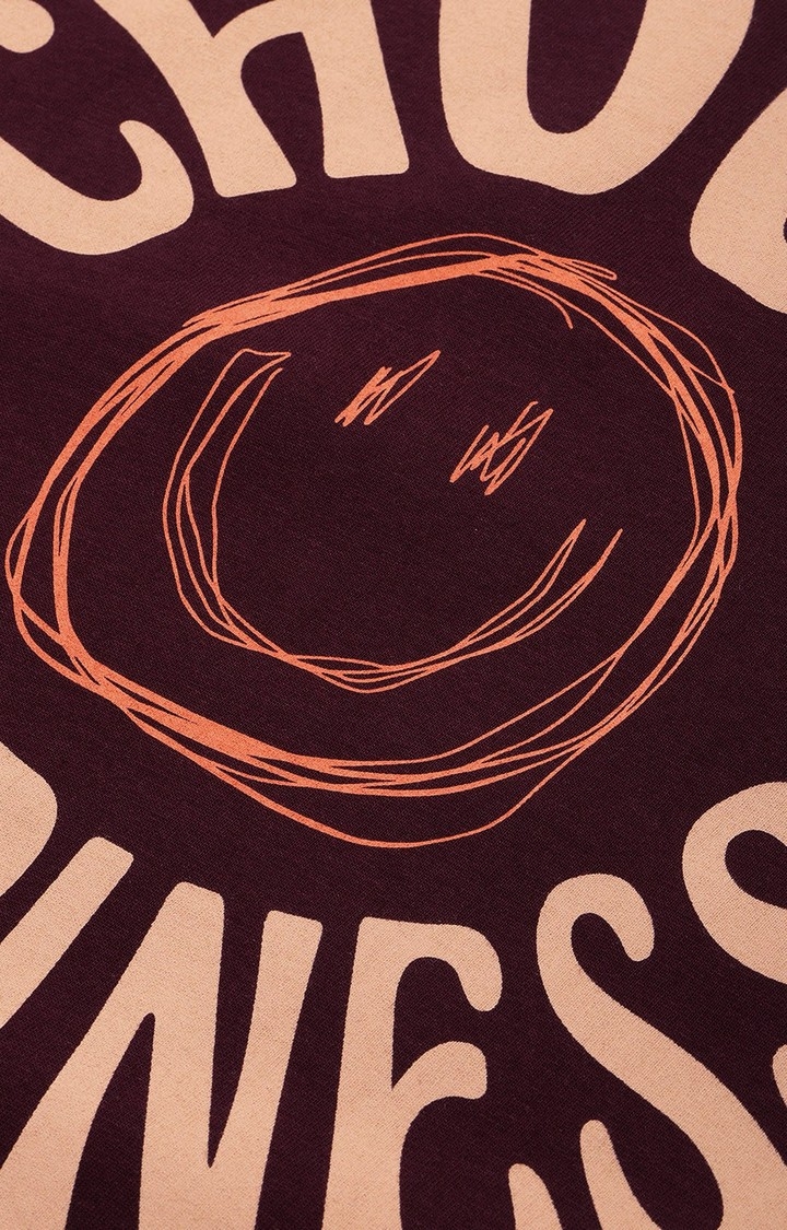 Men's Wine Cotton Typographic Printed Oversized T-Shirt