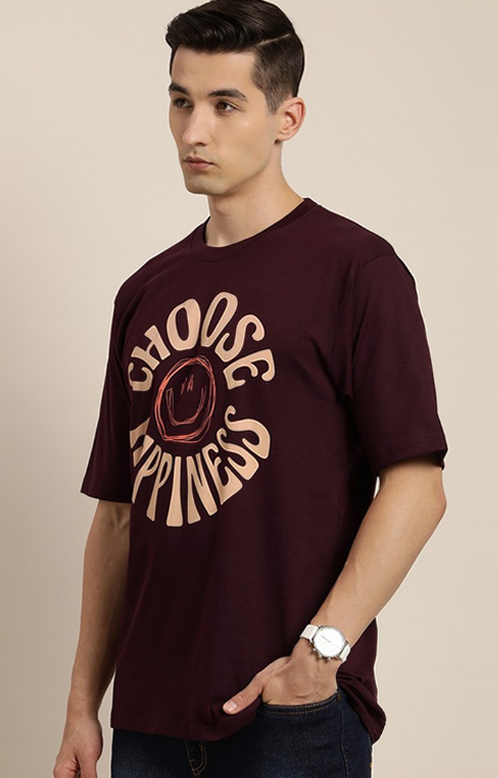 Difference of Opinion | Men's Wine Cotton Typographic Printed Oversized T-Shirt
