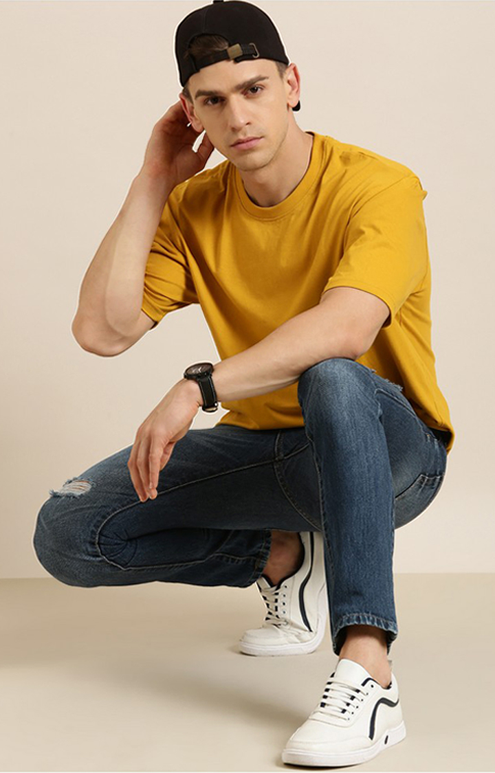 Men's Mustard Cotton Solid Oversized T-Shirt