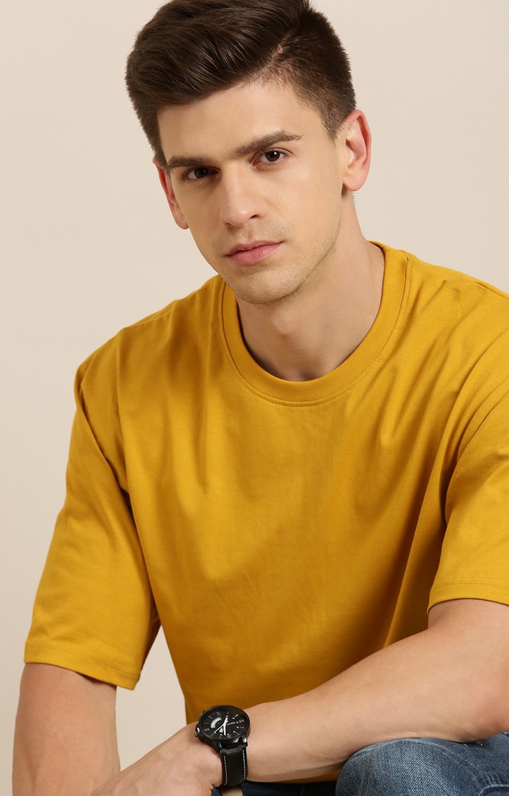 Men's Mustard Cotton Solid Oversized T-Shirt