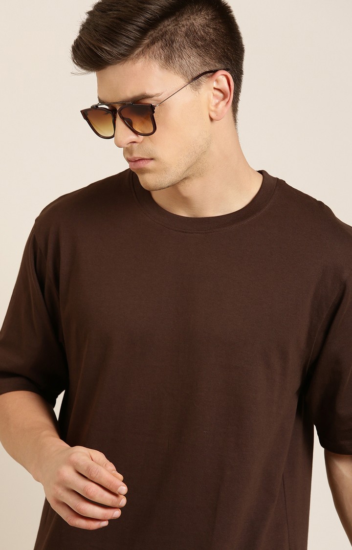 Men's Brown Cotton Solid Oversized T-Shirt