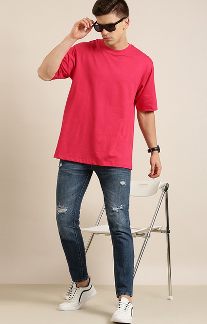 Men's Pink Cotton Solid Oversized T-Shirt