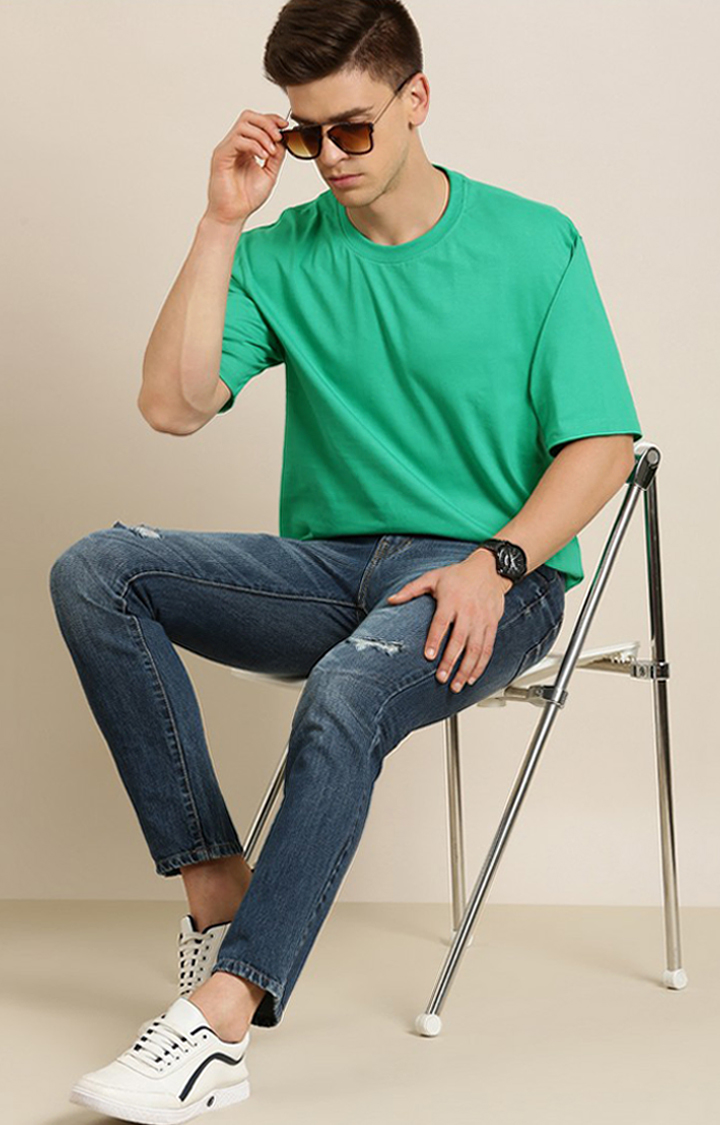 Men's Green Cotton Solid Oversized T-Shirt