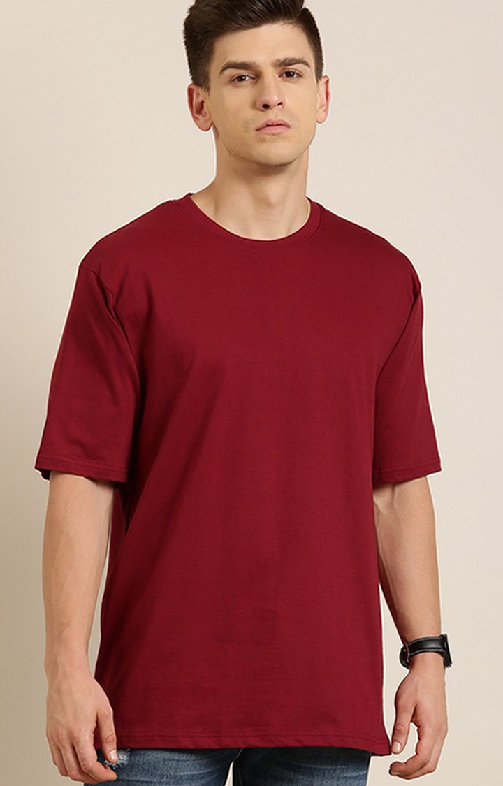Men's Maroon Cotton Solid Oversized T-Shirt