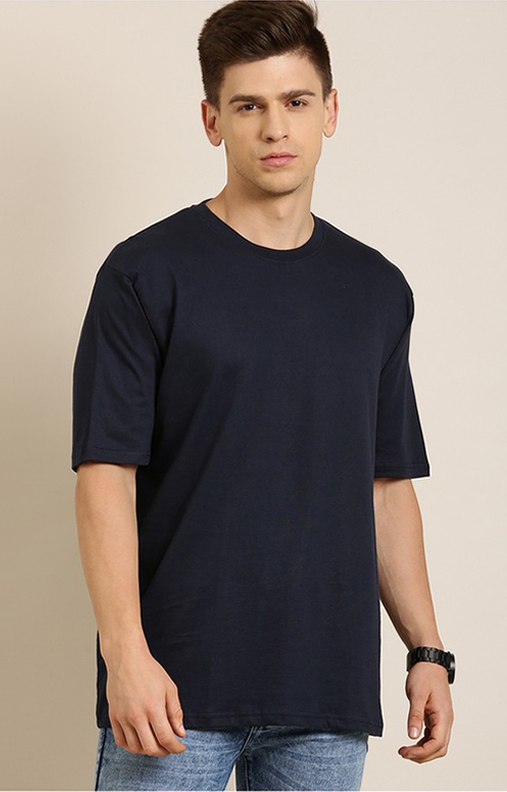 Men's Navy Cotton Solid Oversized T-Shirt