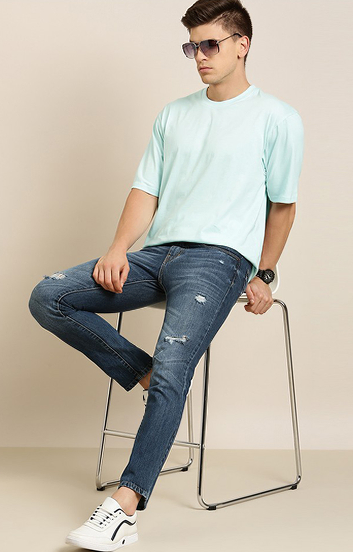 Men's Blue Cotton Solid Oversized T-Shirt