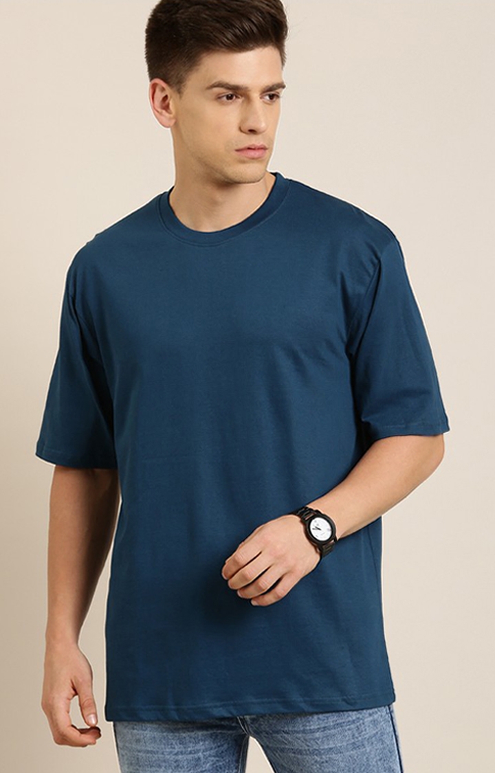 Men's Blue Cotton Solid Oversized T-Shirt
