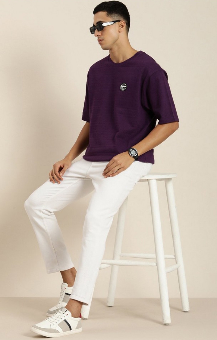 Men's Purple Self-Design Oversized T-shirt