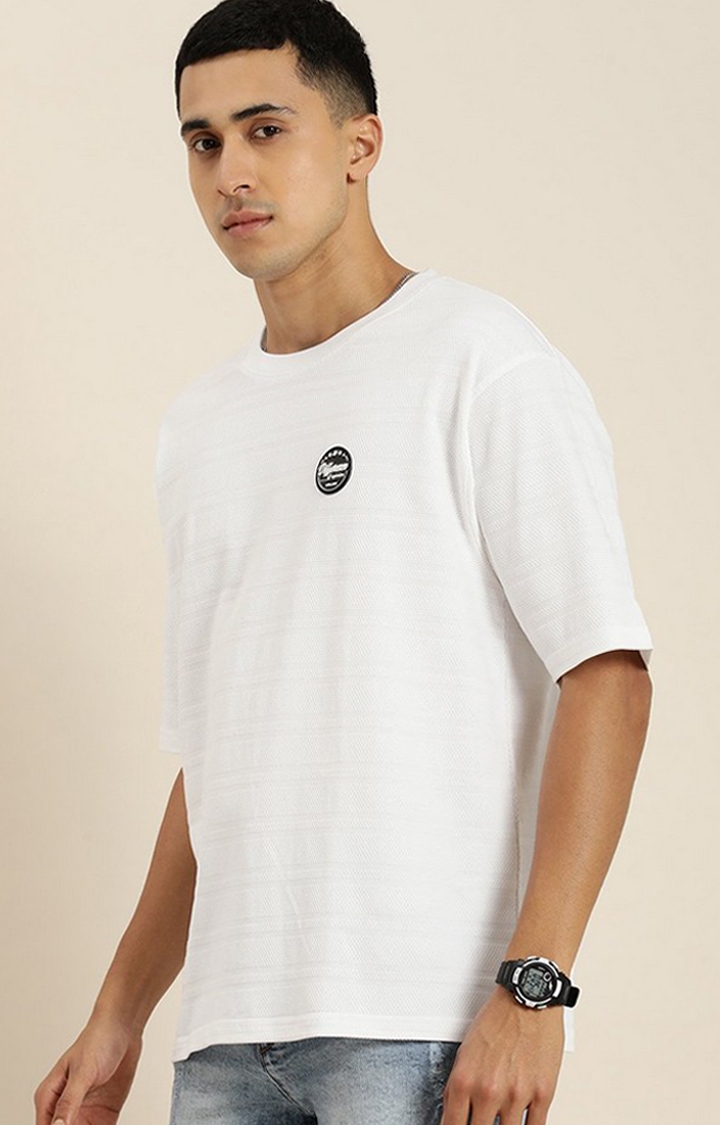 Men's White Self-Design Oversized T-shirt