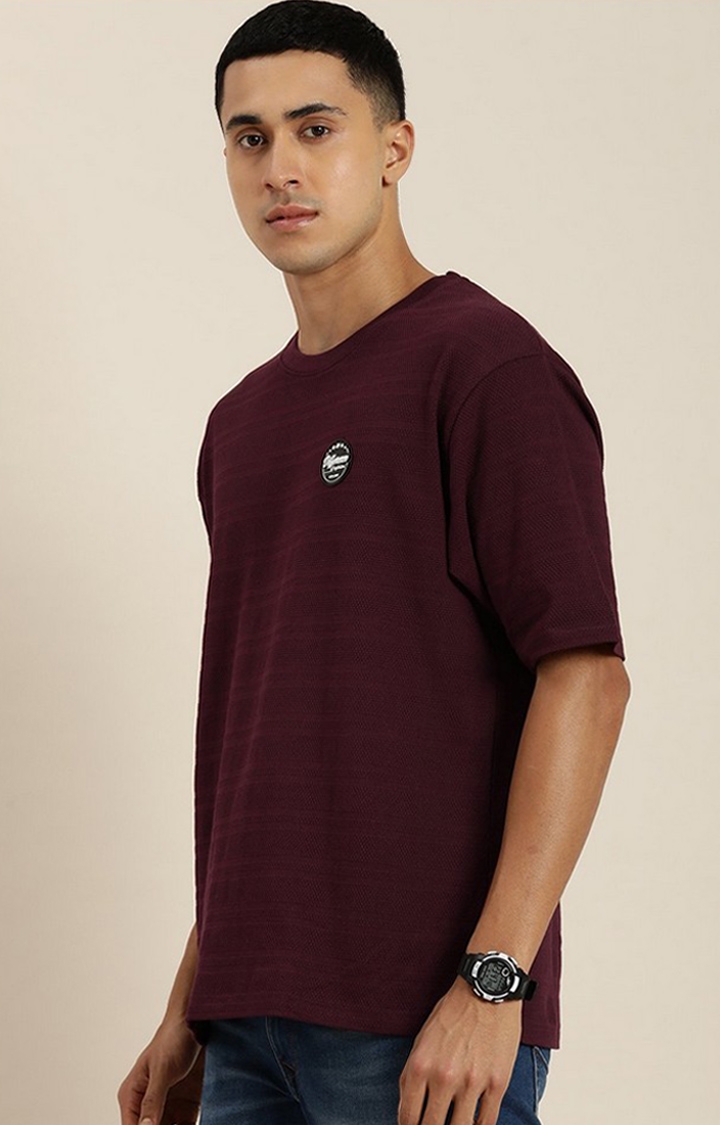 Men's Maroon Self-Design Oversized T-shirt