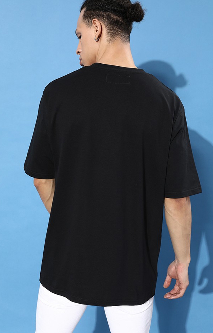 Men's Black Cotton Typographic Printed Oversized T-Shirt