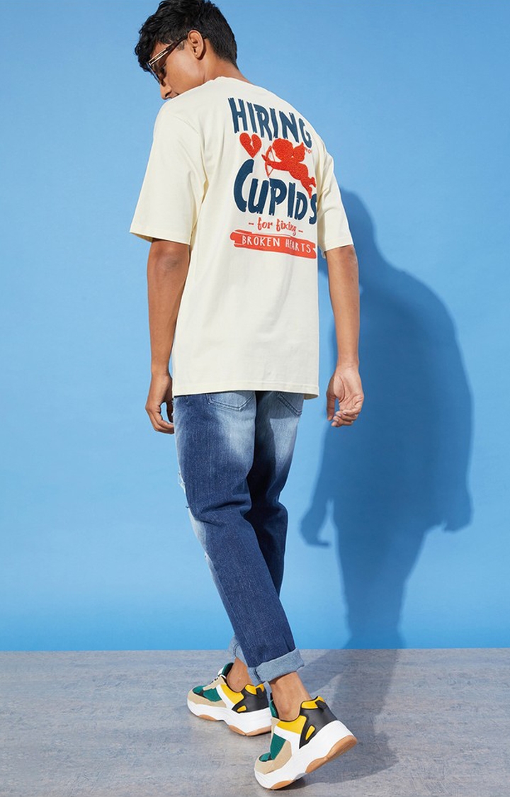 Men's Off White Cotton Typographic Printed Oversized T-Shirt
