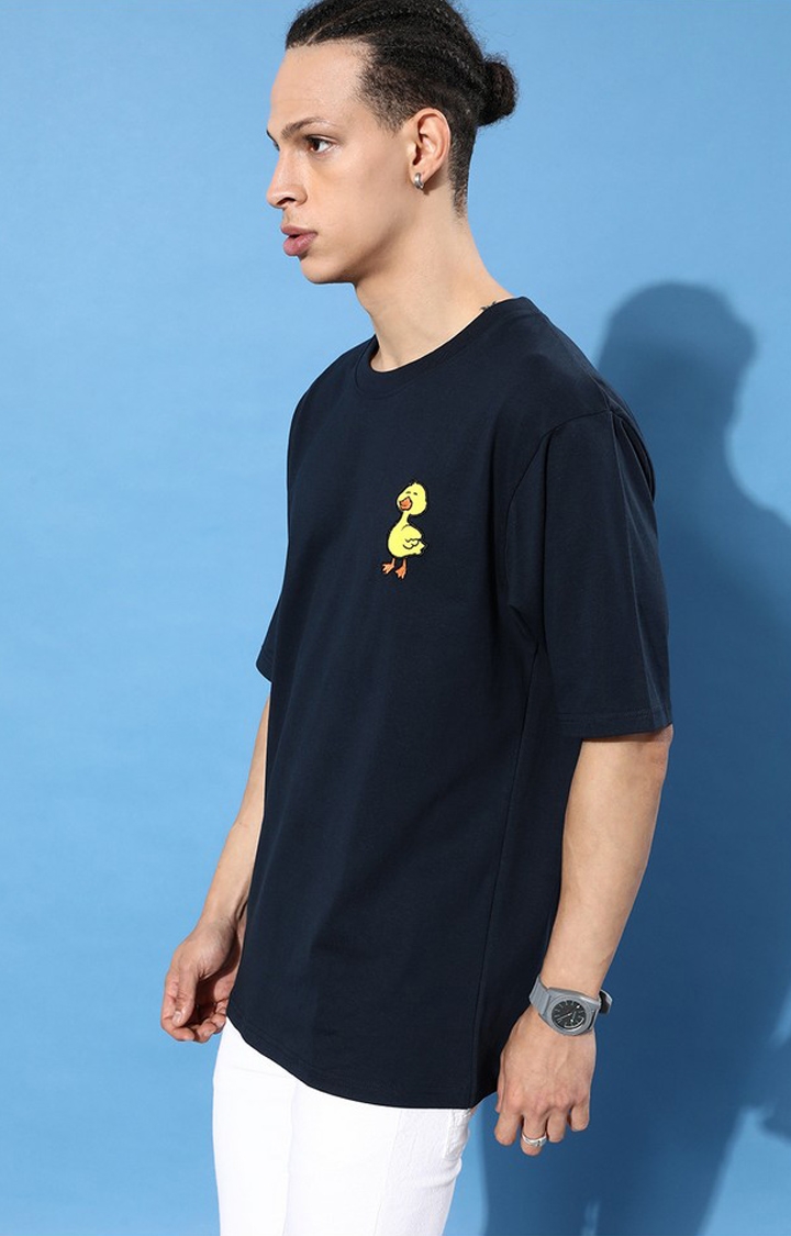 Difference of Opinion | Men's Navy Blue Cotton Typographic Printed Oversized T-Shirt 3
