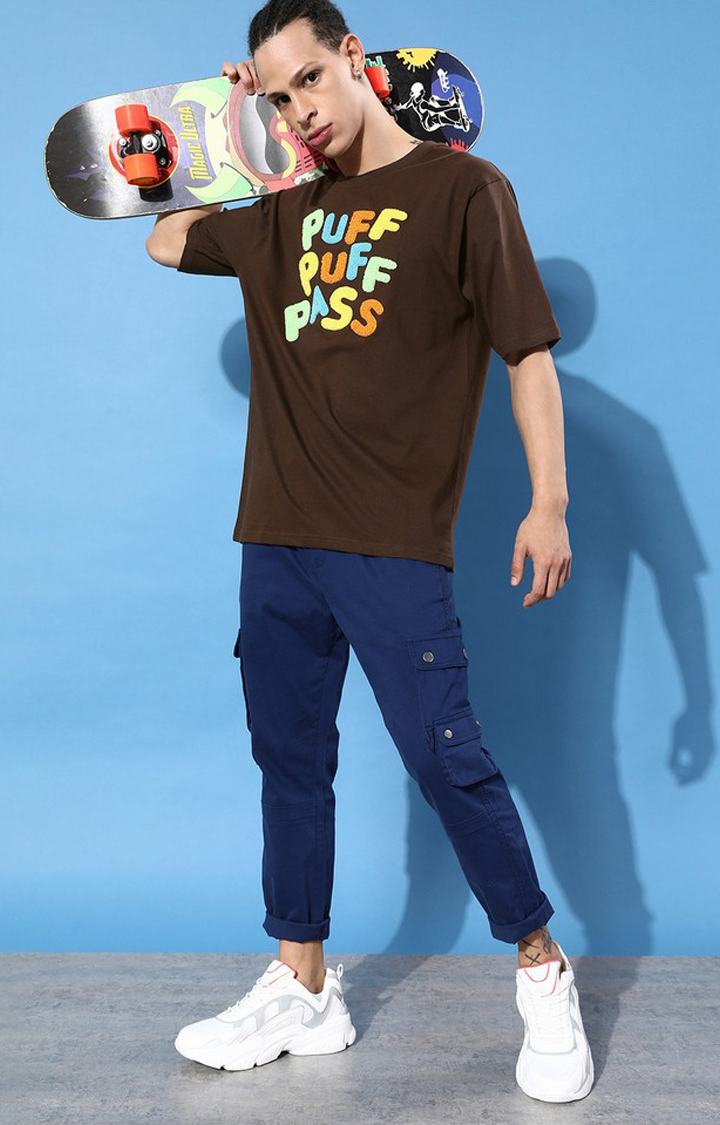 Men's Brown Cotton Typographic Printed Oversized T-Shirt