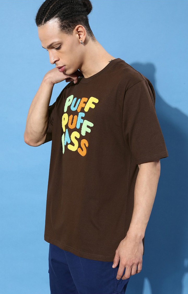 Men's Brown Cotton Typographic Printed Oversized T-Shirt