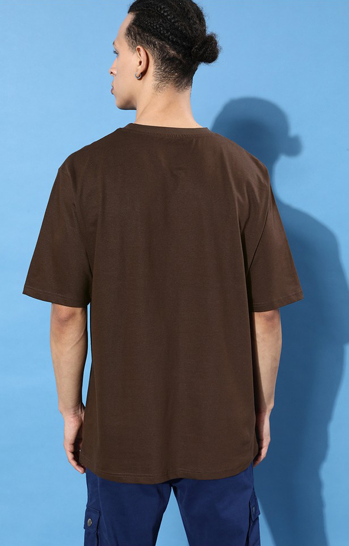 Men's Brown Cotton Typographic Printed Oversized T-Shirt