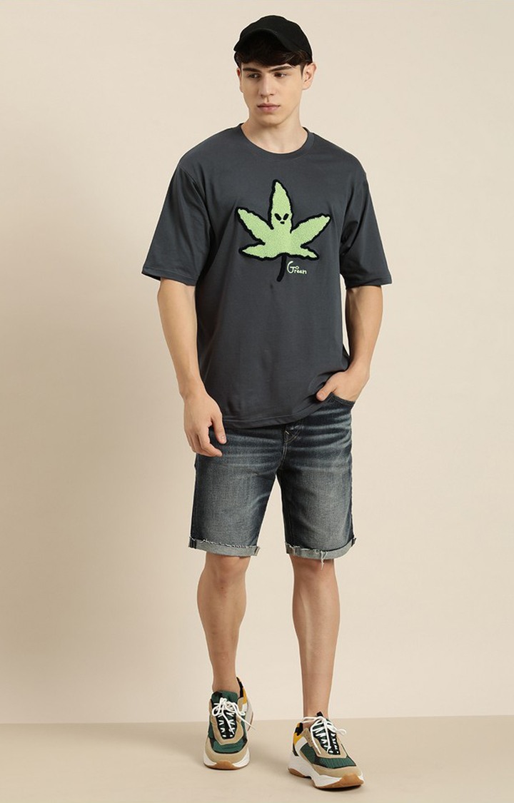 Men's Grey Cotton Graphic Printed Oversized T-Shirt