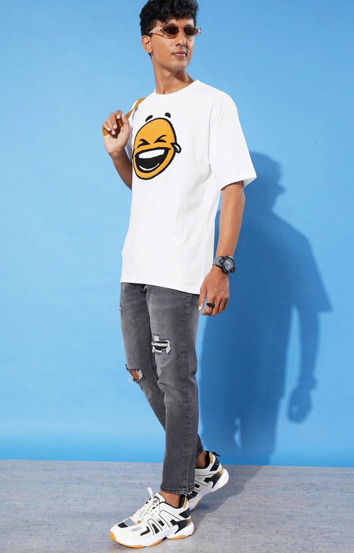 Men's White Cotton Graphics Oversized T-Shirt