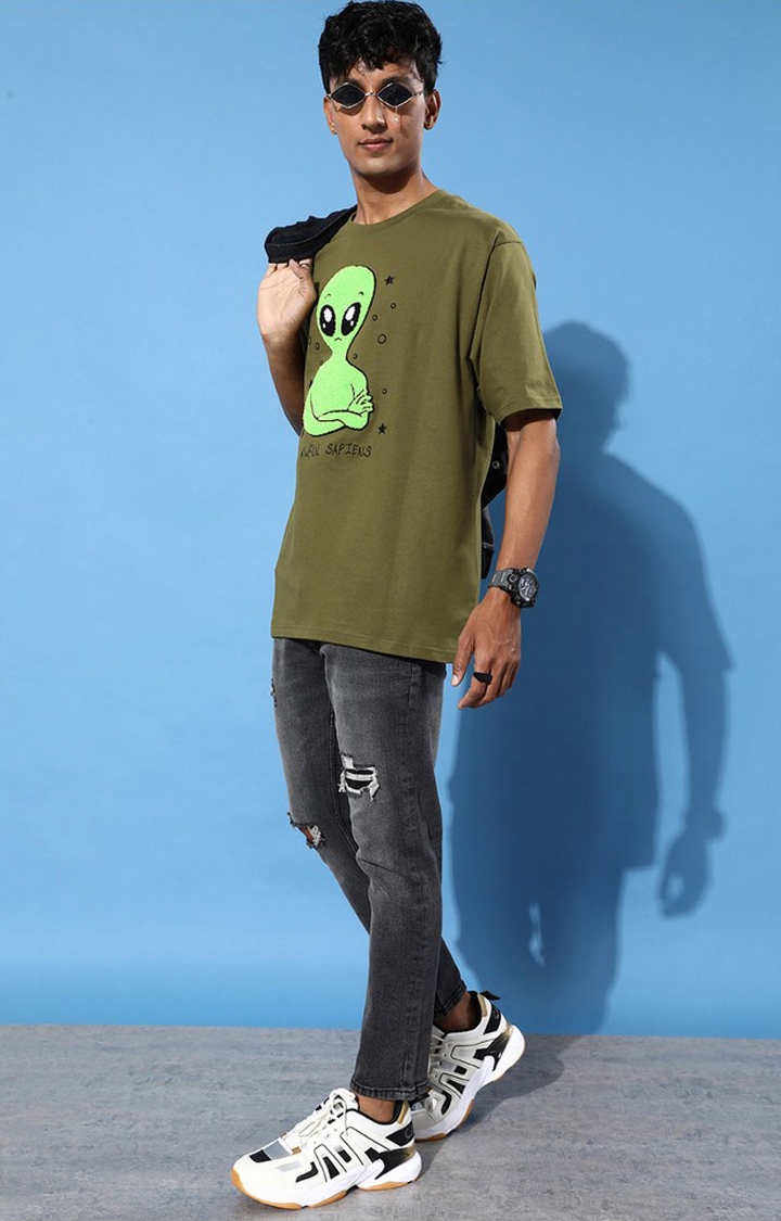 Difference of Opinion | Men's Green Cotton Graphic Printed Oversized T-Shirt 1