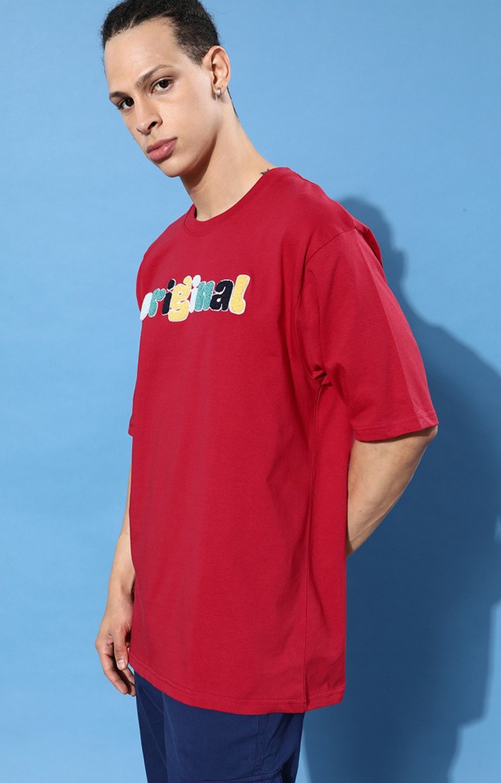 Men's Red Cotton Typographic Printed Oversized T-Shirt