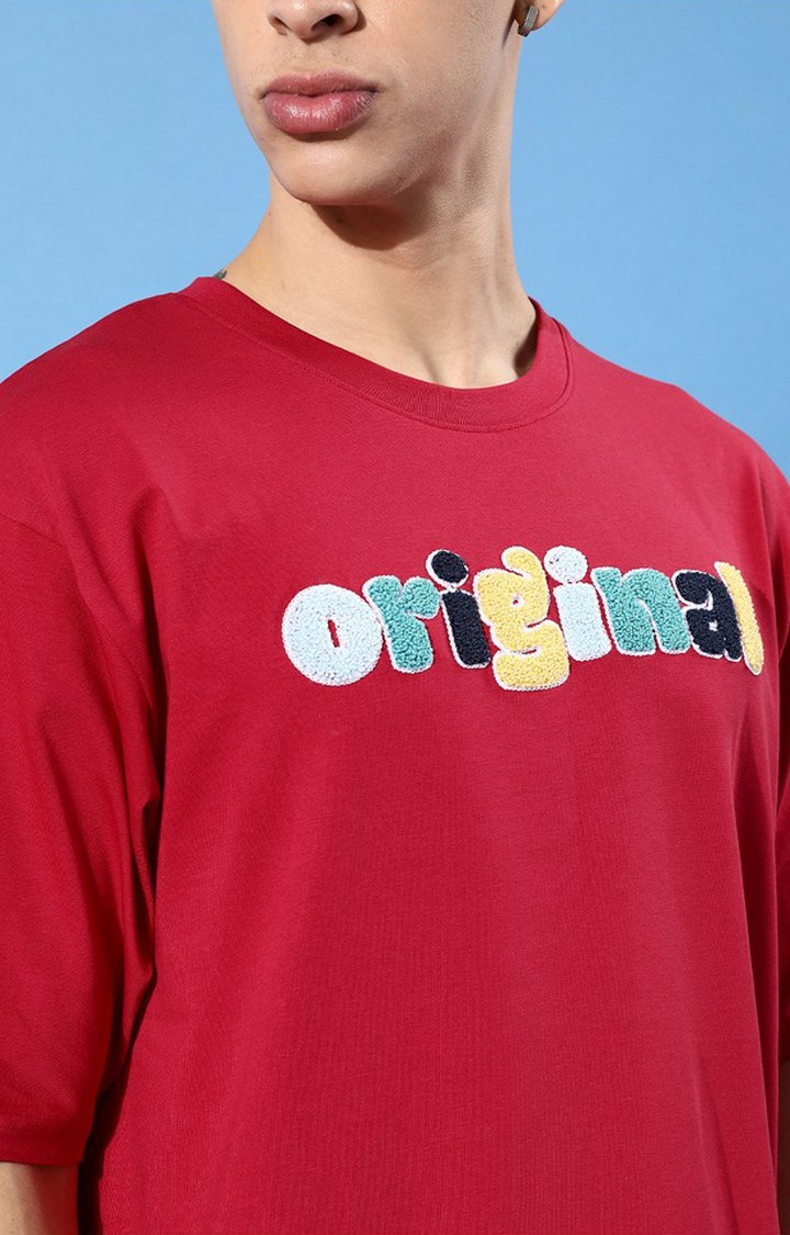 Men's Red Cotton Typographic Printed Oversized T-Shirt