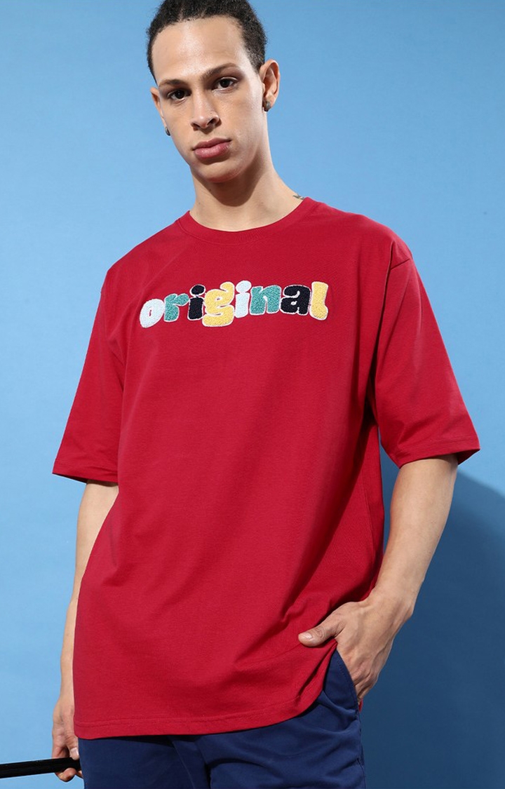 Men's Red Cotton Typographic Printed Oversized T-Shirt