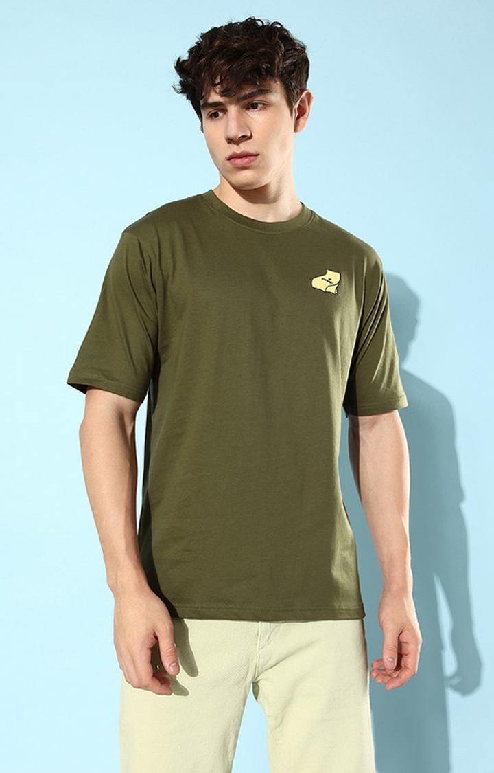 Difference of Opinion | Men's Olive Green Cotton Graphic Printed Oversized T-Shirt 2