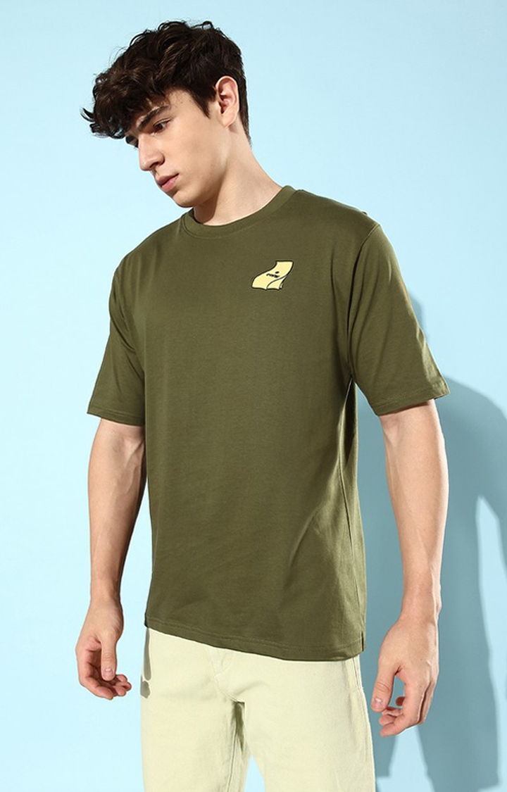 Difference of Opinion | Men's Olive Green Cotton Graphic Printed Oversized T-Shirt 3