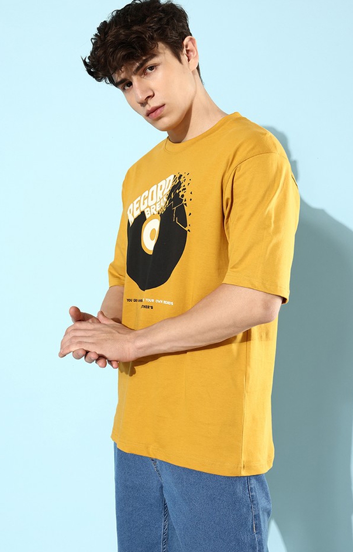 Men's Mustard Cotton Graphic Printed Oversized T-Shirt