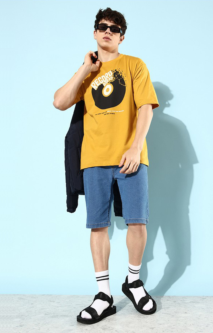 Men's Mustard Cotton Graphic Printed Oversized T-Shirt