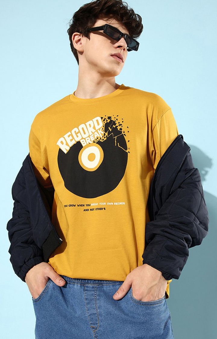 Difference of Opinion | Men's Mustard Cotton Graphic Printed Oversized T-Shirt