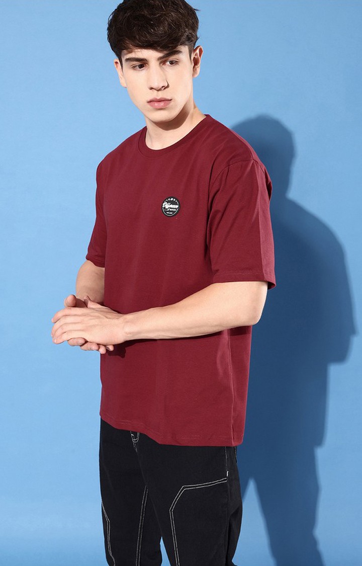 Men's Maroon Cotton Graphic Printed Oversized T-Shirt