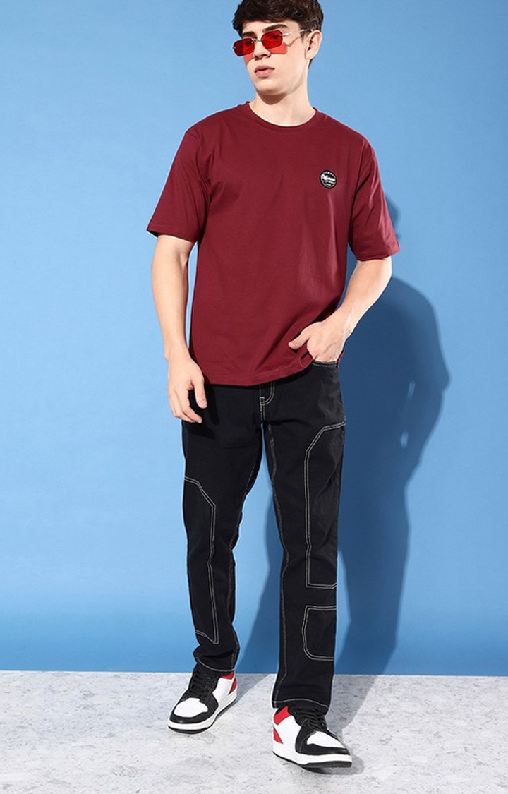 Men's Maroon Cotton Graphic Printed Oversized T-Shirt