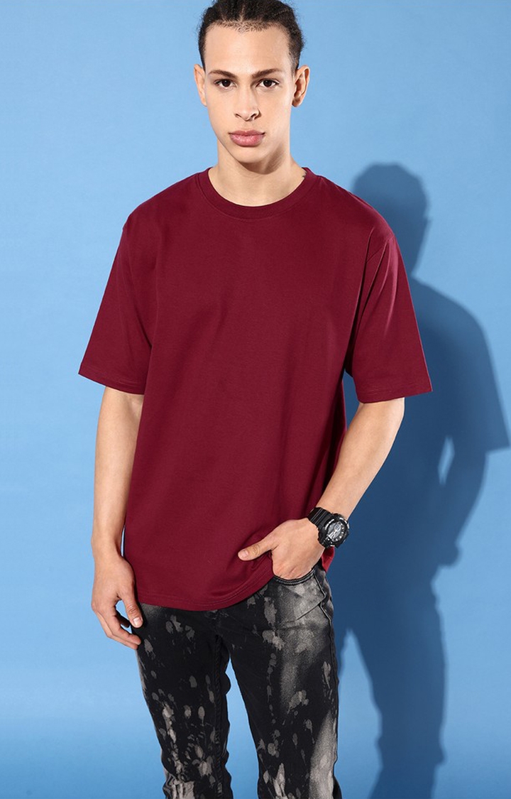 Men's Maroon Cotton Graphic Printed Oversized T-Shirt