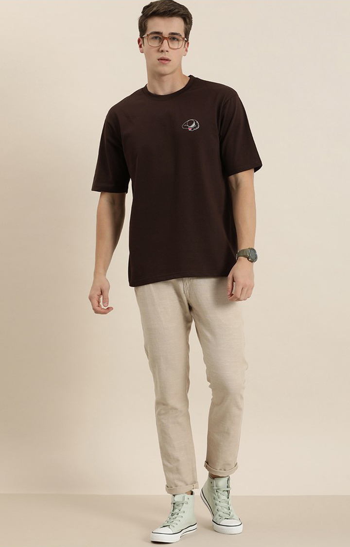 Men's Brown Cotton Graphic Printed Oversized T-Shirt