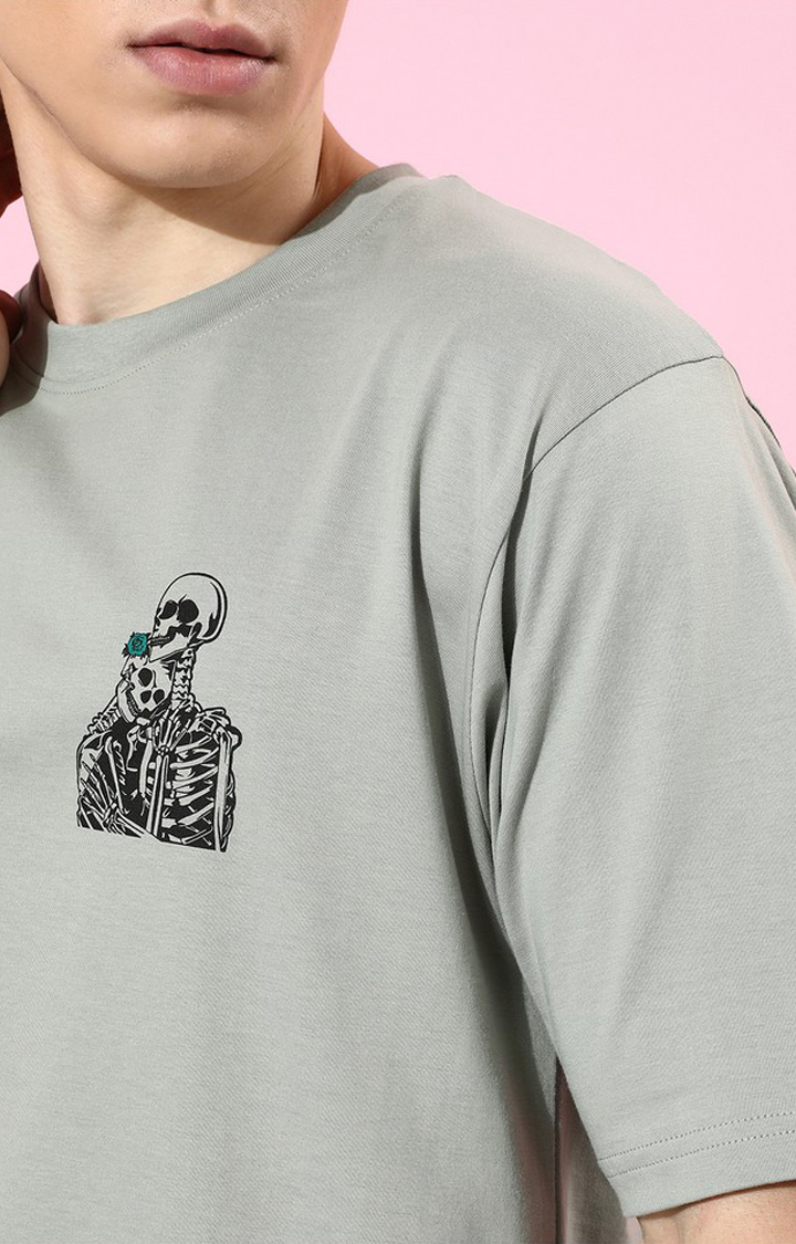 Men's Grey Cotton Graphic Printed Oversized T-Shirt