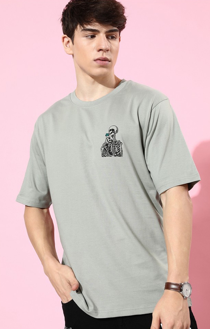 Men's Grey Cotton Graphic Printed Oversized T-Shirt